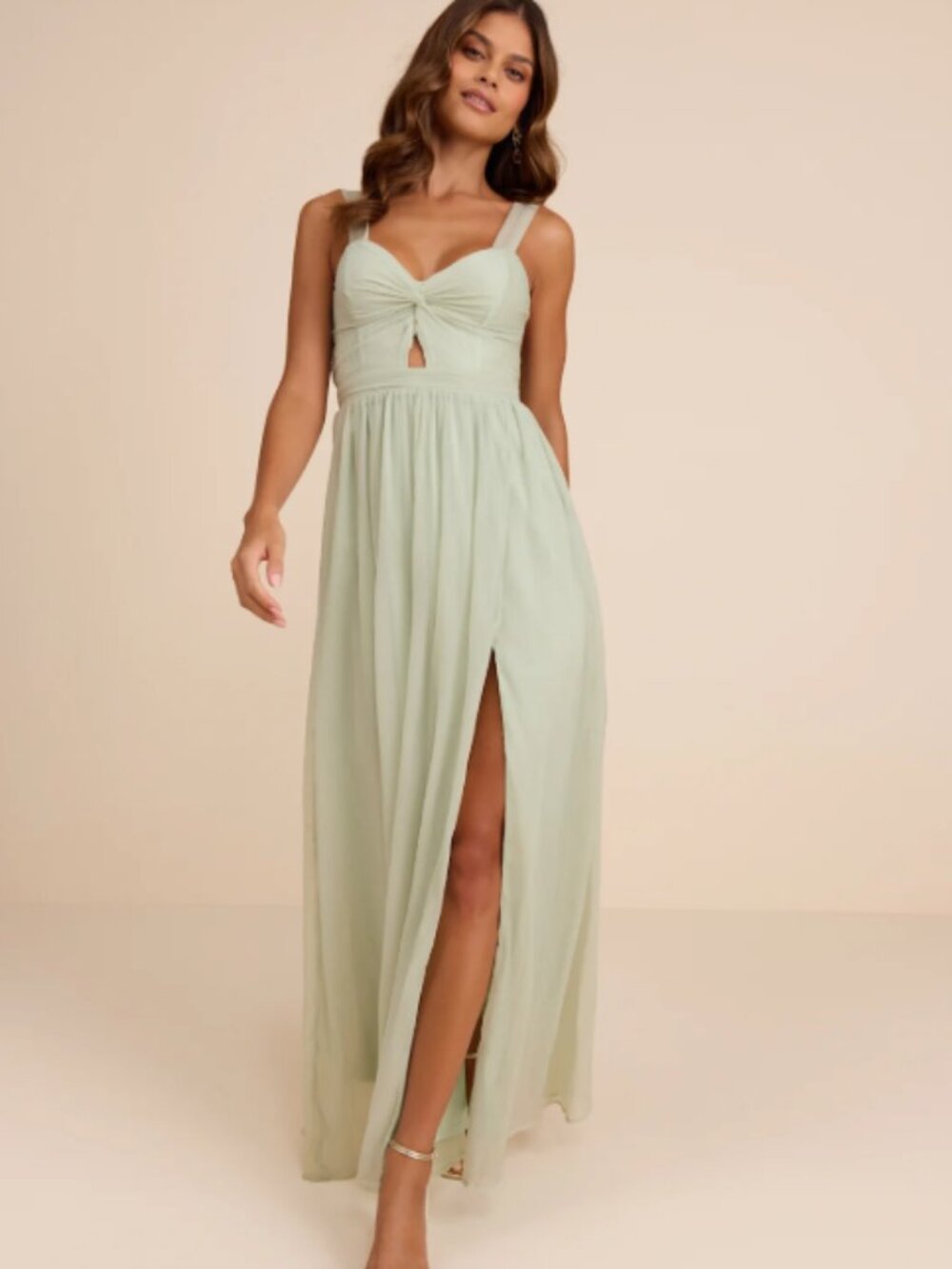 Aria Sage Green Crinkle Twist-Front Maxi Dress - Picture 1 of 4